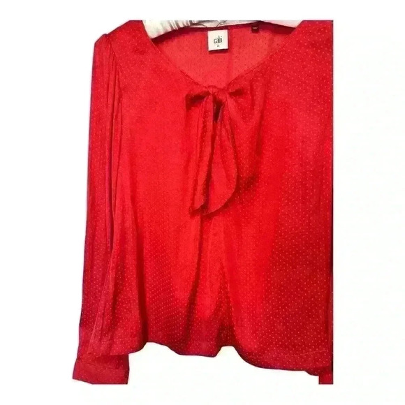 Cabi 3862 | Front Knot Swiss Red Dot Print Satin Blouse Top with Keyhole, Medium - Picture 7 of 9